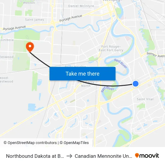 Northbound Dakota at Beliveau to Canadian Mennonite University map