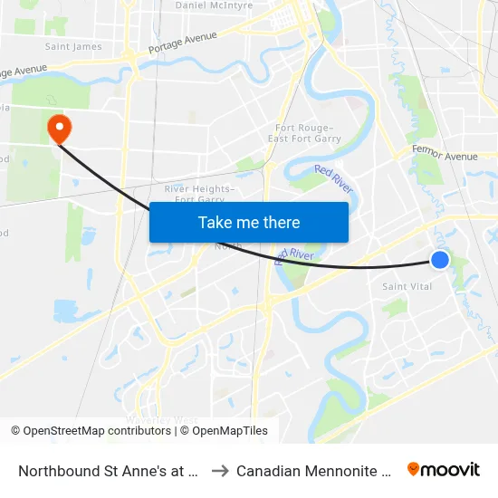 Northbound St Anne's at Woodydell to Canadian Mennonite University map