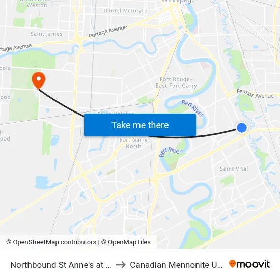 Northbound St Anne's at Beliveau to Canadian Mennonite University map
