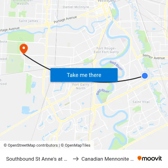 Southbound St Anne's at Worthington to Canadian Mennonite University map