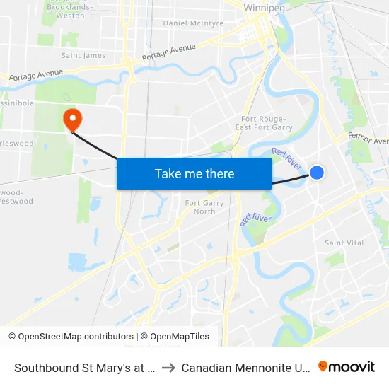 Southbound St Mary's at Norberry to Canadian Mennonite University map