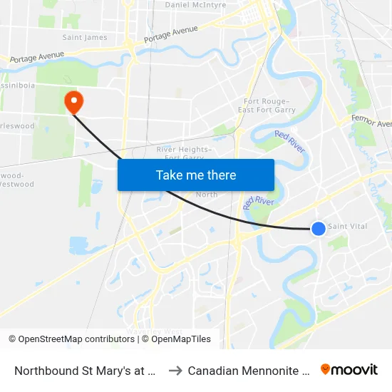 Northbound St Mary's at Greenwood to Canadian Mennonite University map