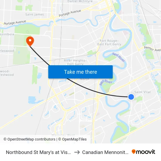 Northbound St Mary's at Vista (Park & Ride) to Canadian Mennonite University map