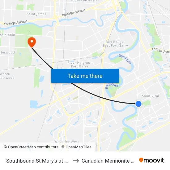 Southbound St Mary's at River South to Canadian Mennonite University map