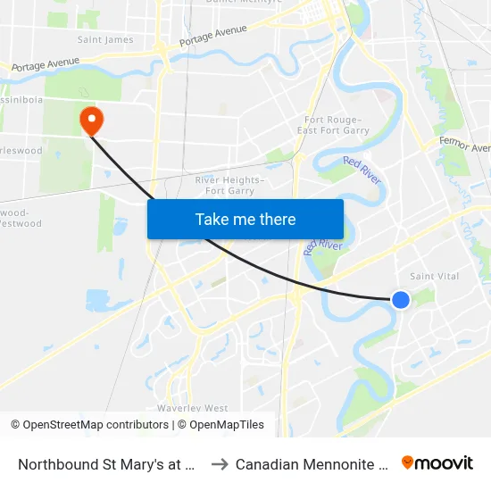 Northbound St Mary's at Vista South to Canadian Mennonite University map