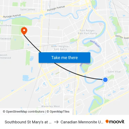 Southbound St Mary's at Rivergate to Canadian Mennonite University map