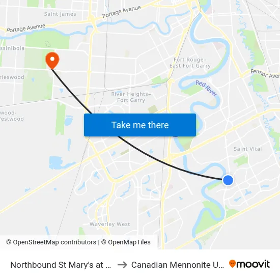 Northbound St Mary's at Normand to Canadian Mennonite University map