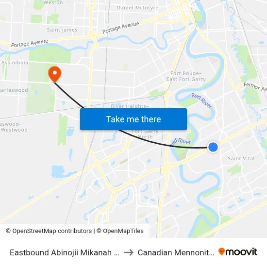 Eastbound Abinojii Mikanah at Glen Meadow to Canadian Mennonite University map