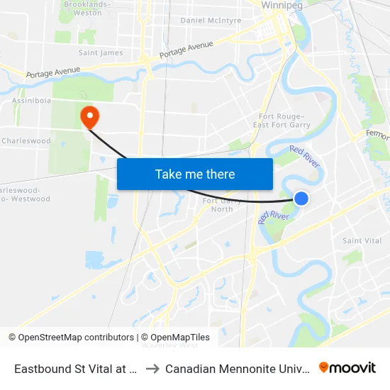Eastbound St Vital at River to Canadian Mennonite University map