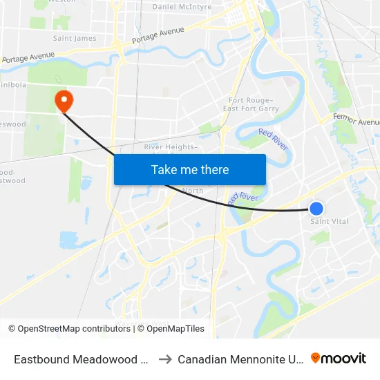 Eastbound Meadowood at Dakota to Canadian Mennonite University map