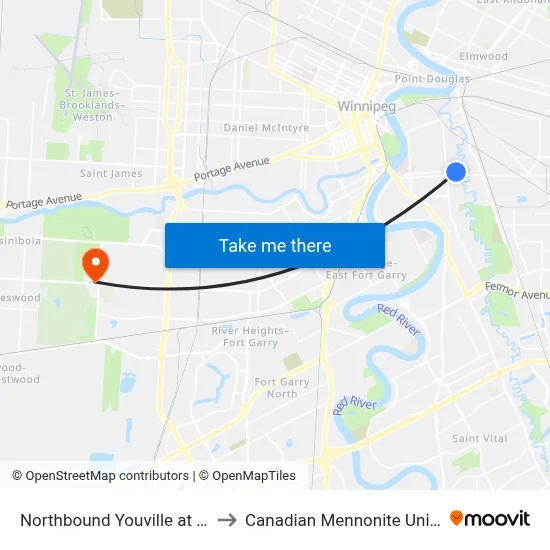 Northbound Youville at Goulet to Canadian Mennonite University map