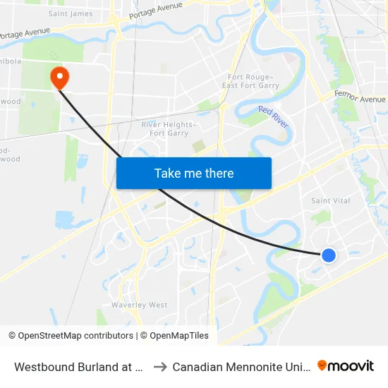 Westbound Burland at Brixton to Canadian Mennonite University map