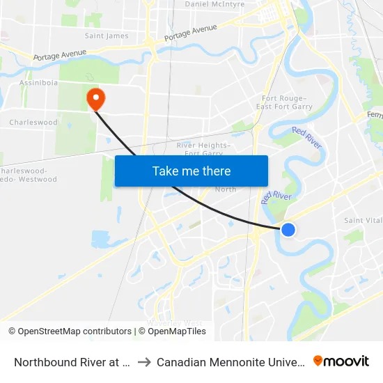 Northbound River at Riel to Canadian Mennonite University map