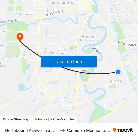 Northbound Ashworth at Meadowood to Canadian Mennonite University map