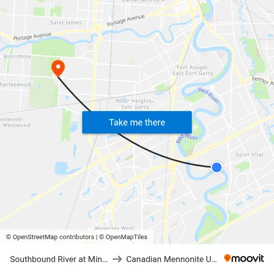 Southbound River at Minnetonka to Canadian Mennonite University map