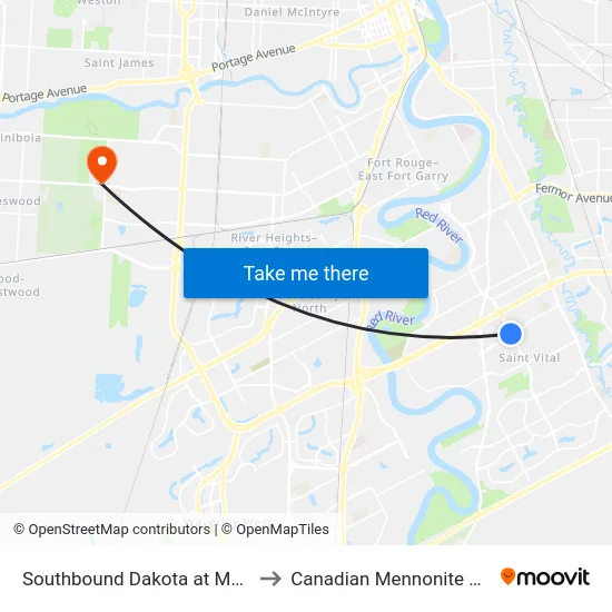 Southbound Dakota at Meadowood to Canadian Mennonite University map