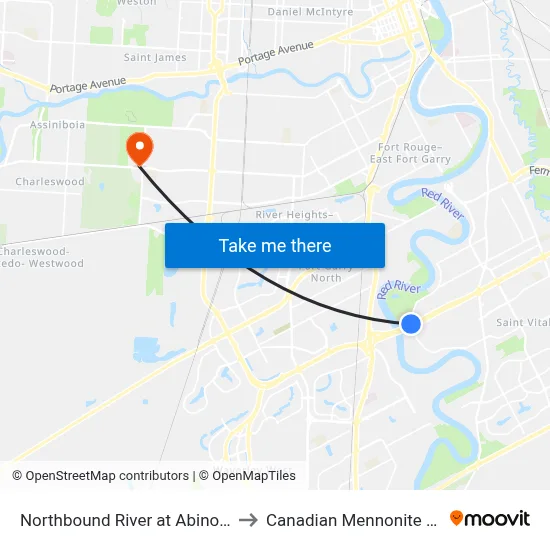 Northbound River at Abinojii Mikanah to Canadian Mennonite University map