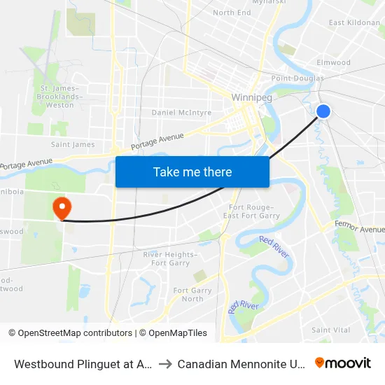 Westbound Plinguet at Archibald to Canadian Mennonite University map