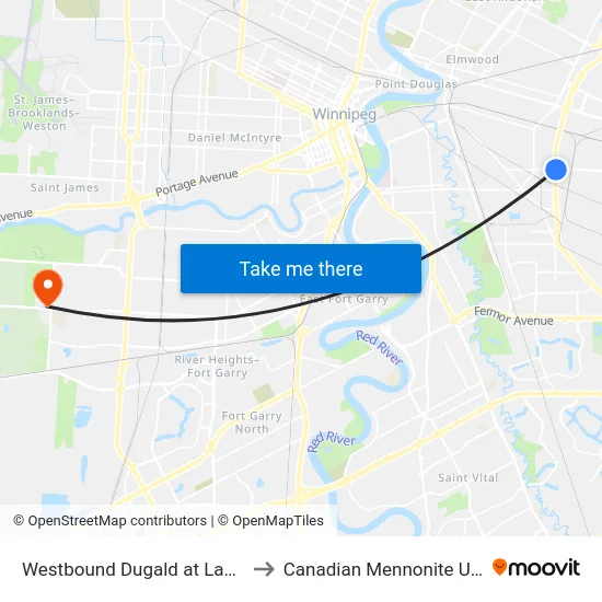 Westbound Dugald at Lagimodiere to Canadian Mennonite University map