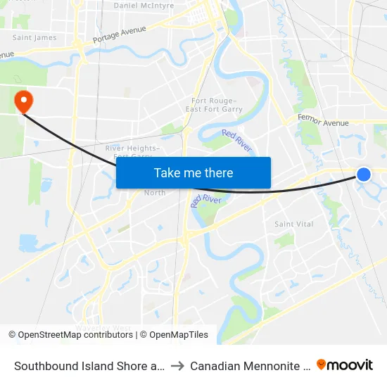 Southbound Island Shore at Waterfront to Canadian Mennonite University map