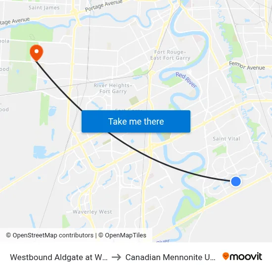 Westbound Aldgate at Wycombe to Canadian Mennonite University map