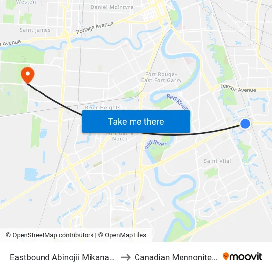 Eastbound Abinojii Mikanah at Shorehill to Canadian Mennonite University map