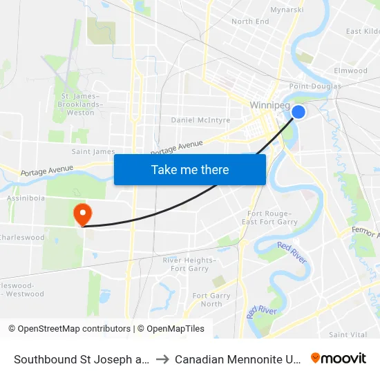 Southbound St Joseph at Aubert to Canadian Mennonite University map