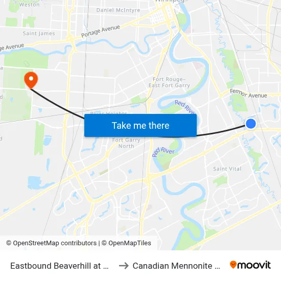 Eastbound Beaverhill at Willowlake to Canadian Mennonite University map