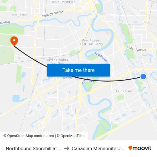 Northbound Shorehill at Wildfire to Canadian Mennonite University map