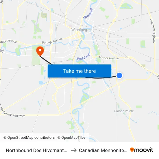 Northbound Des Hivernants at Ironweed to Canadian Mennonite University map