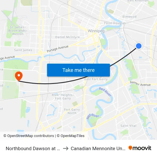 Northbound Dawson at Dugald to Canadian Mennonite University map