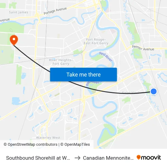 Southbound Shorehill at Westwater East to Canadian Mennonite University map