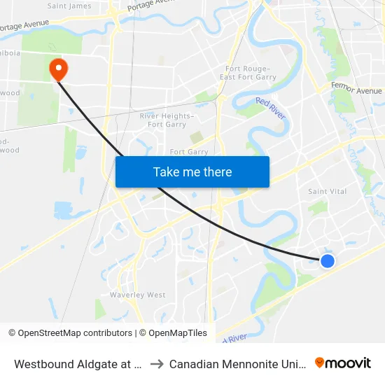Westbound Aldgate at Cotter to Canadian Mennonite University map