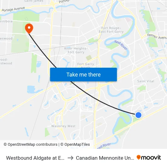 Westbound Aldgate at Eastcote to Canadian Mennonite University map