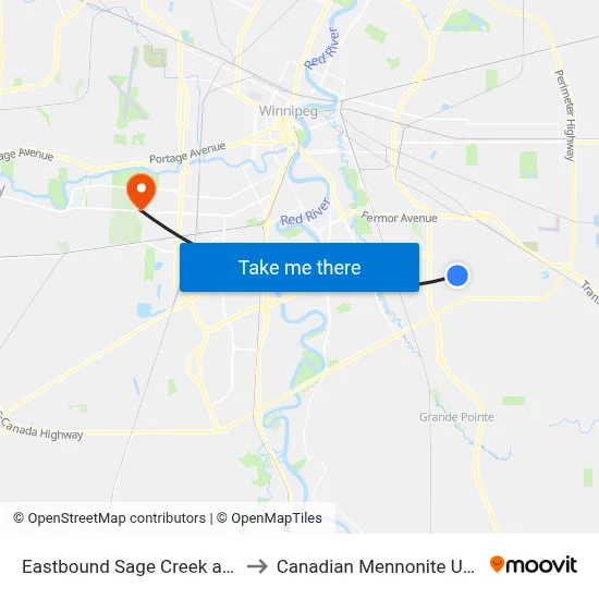 Eastbound Sage Creek at Charity to Canadian Mennonite University map