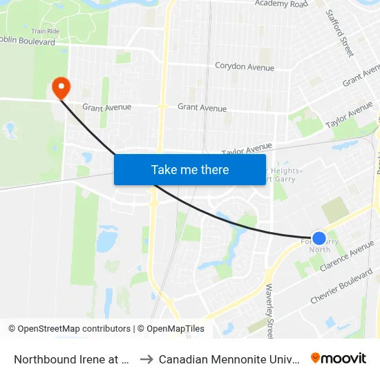 Northbound Irene at Sony to Canadian Mennonite University map
