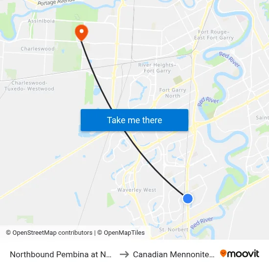 Northbound Pembina at Newdale North to Canadian Mennonite University map