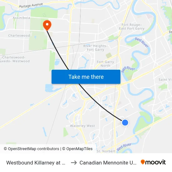 Westbound Killarney at Briar Cliff to Canadian Mennonite University map
