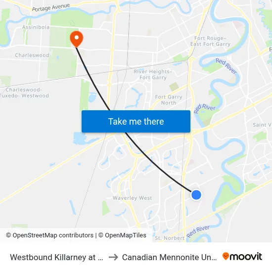 Westbound Killarney at Acadia to Canadian Mennonite University map