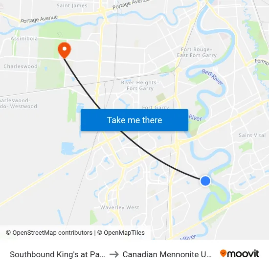 Southbound King's at Pasadena to Canadian Mennonite University map