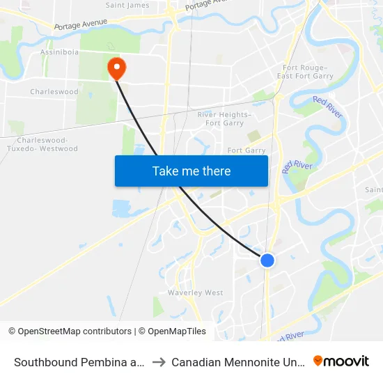 Southbound Pembina at Bison to Canadian Mennonite University map