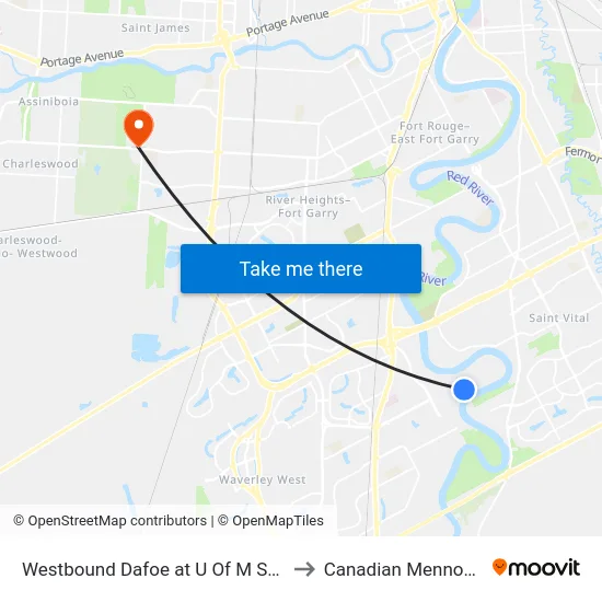 Westbound Dafoe at U Of M Station (662, 671, 672) to Canadian Mennonite University map