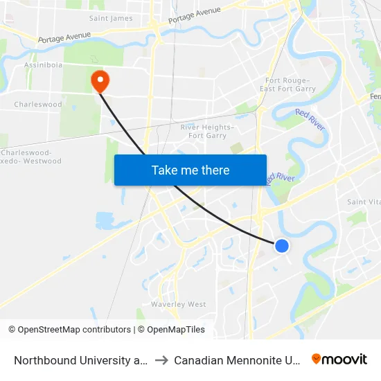 Northbound University at Dysart to Canadian Mennonite University map