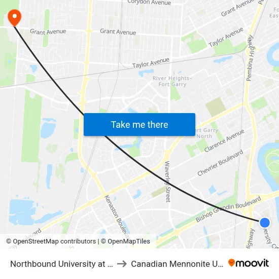 Northbound University at Thatcher to Canadian Mennonite University map