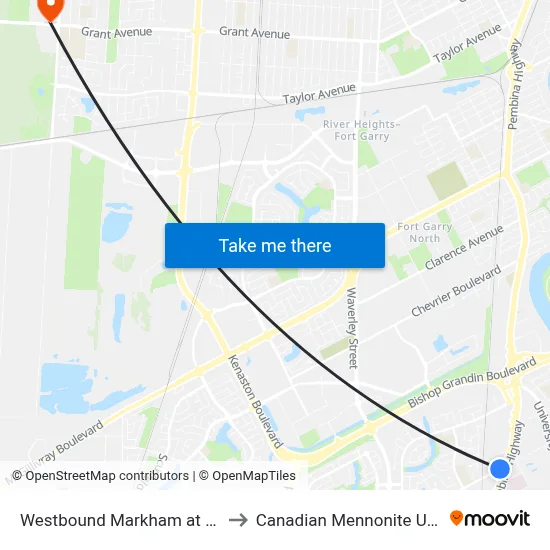 Westbound Markham at Pembina to Canadian Mennonite University map