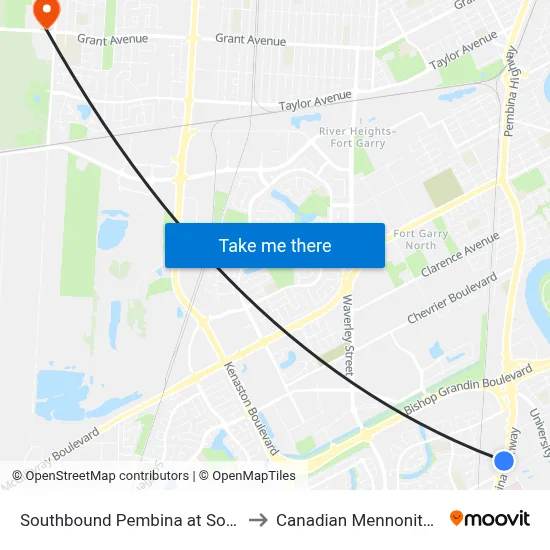 Southbound Pembina at Southpark South to Canadian Mennonite University map