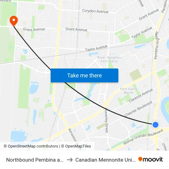 Northbound Pembina at Plaza to Canadian Mennonite University map