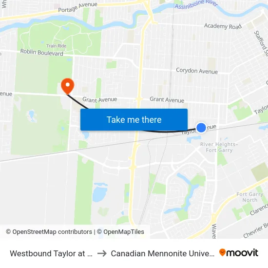 Westbound Taylor at Ash to Canadian Mennonite University map