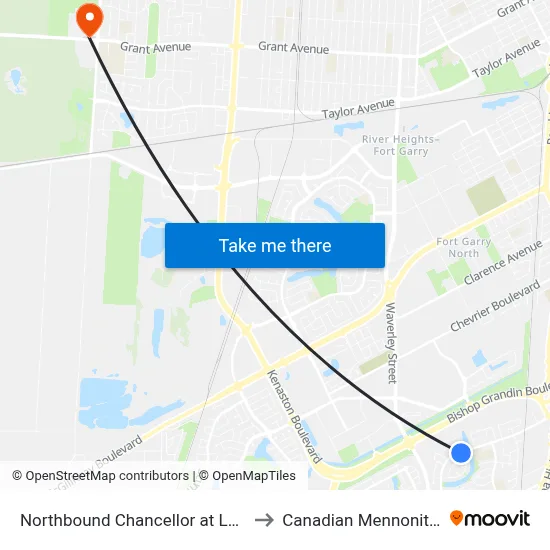 Northbound Chancellor at Lake Lindero East to Canadian Mennonite University map