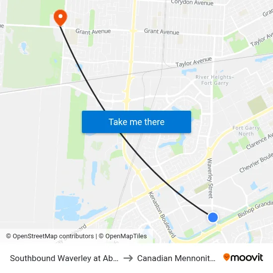 Southbound Waverley at Abinojii Mikanah to Canadian Mennonite University map